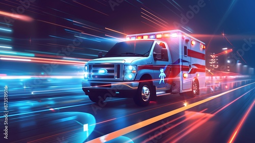 quick response medical ambulance vehicle or truck speeding on the way for accident or health care emergency services concepts as wide banner with infographic information 