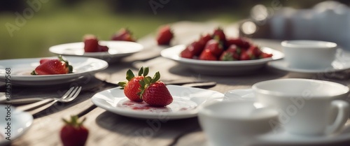 Outdoor table with four white plates topped with strawberries and a coffee cup. Bowls and more cups are in the background, creating an inviting scene. photo