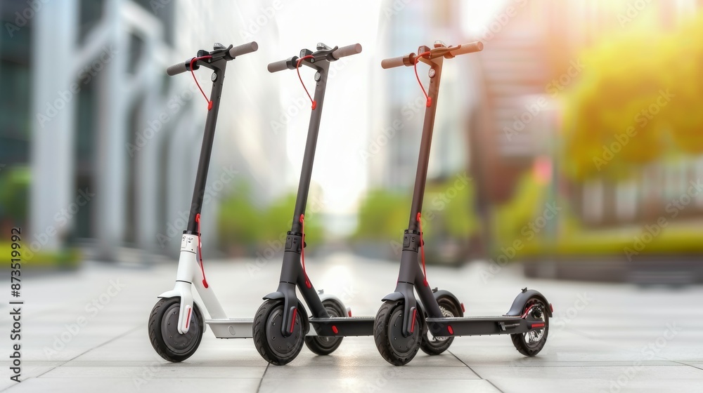 Three scooters are lined up on a sidewalk Three scooters are lined up on a sidewalk