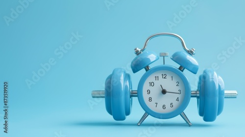 Alarm clock with dumbbells, workout time abstract concept. Background with copy space for text