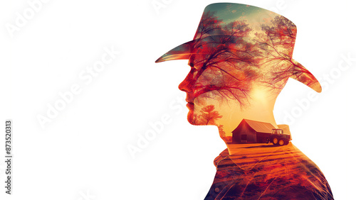 Double exposure of a farmer wearing a straw hat with a rural landscape overlay with copy space