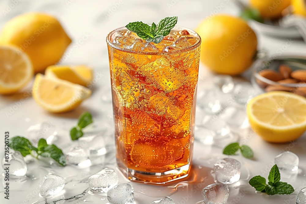 Fototapeta premium Cuba Libre or long island iced tea cocktail with strong drinks, cola, lime and ice in glass