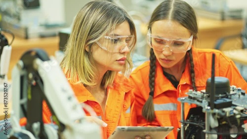 Side and close up view of two engineer or technician worker women discuss about small robotic machine on table to check and maintenance in workplace.