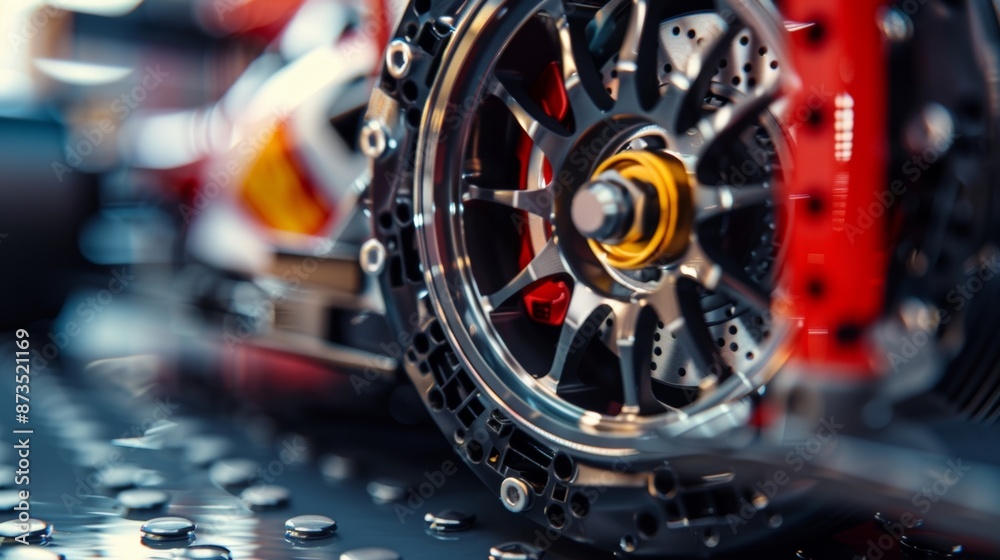 Fototapeta premium The tiny and detailed brake pads and rotors on a model race car capturing the essence of speed and precision.