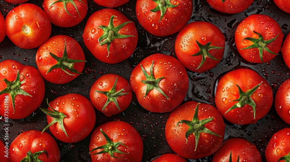 A vibrant background filled with a group of freshly picked red tomatoes, showcasing their glossy skin and ripe texture A vibrant background filled with a group of freshly picked red tomatoes, showcasing their glossy skin and ripe texture