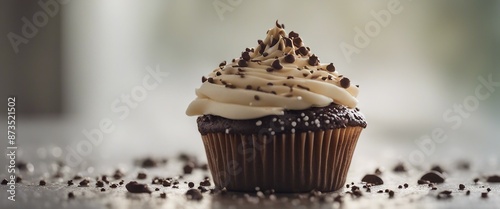 A frosted chocolate sprinkle-covered cupcake sits in an airy setting, surrounded by a dust cloud like snow or rain. The scene is captivating and artistic around the treat. photo