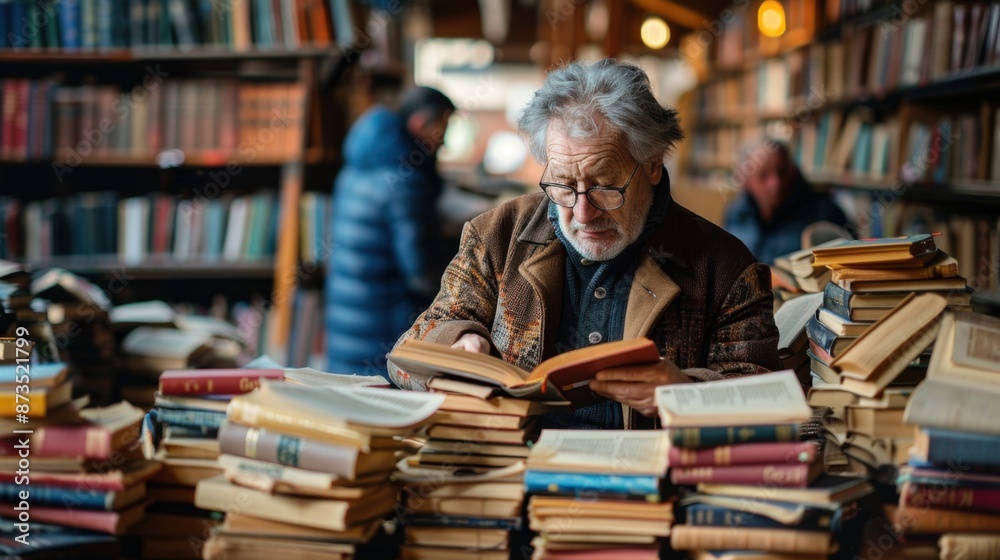 Man reading a book in a library surrounded by books, garage sale Man reading a book in a library surrounded by books, garage sale