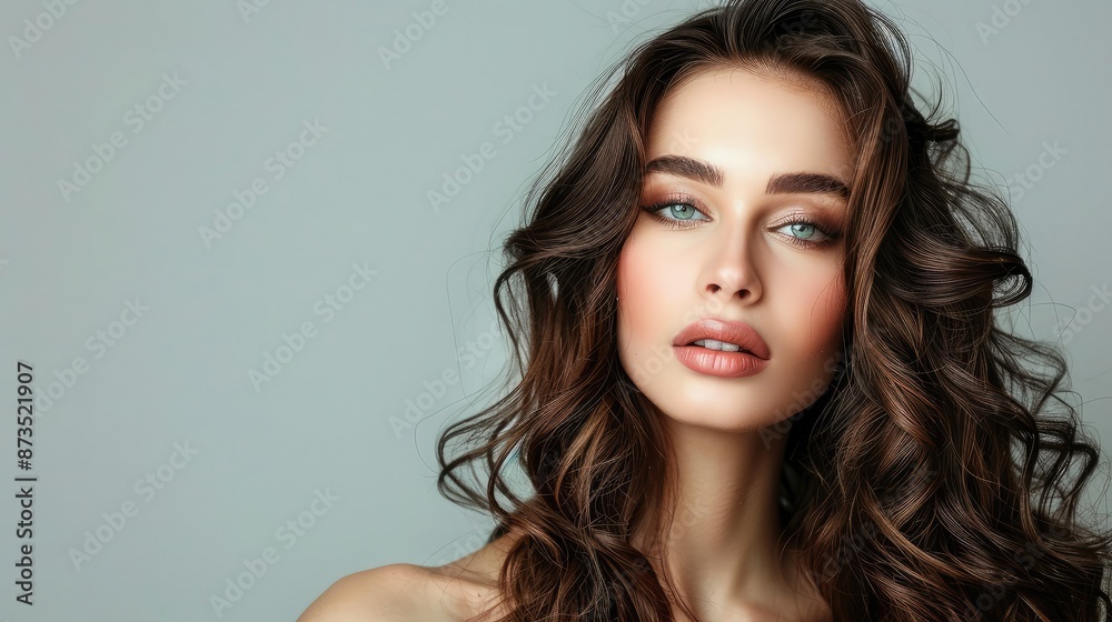 Naklejka premium Chic young woman with long, glossy dark curls and professionally done makeup, standing against a minimalist grey background