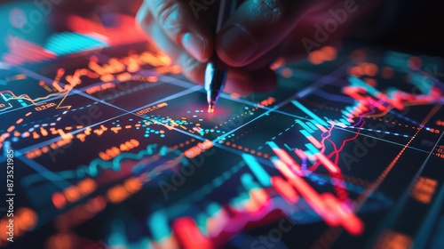 Close-up of a hand drawing a line on a financial chart, with graphs and indicators on a digital interface representing stock market investments