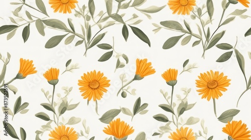 With its bright and captivating yellow color, this Calendula flower pattern provides a backdrop that can liven up the atmosphere and evoke feelings of happiness. © an