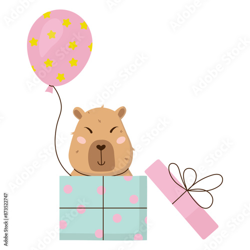 A cute and cuddly capybara character with balloon is sitting in a gift box. Happy Birthday concept. Funny hand-drawn festive sticker. Vector illustration on transparent background.