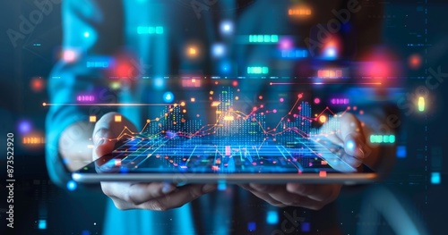 Wallpaper Mural Business person holding an iPad, with digital graphs and icons floating above it, representing data analysis in the financial industry. The background is a blue gradient that transitions from light Torontodigital.ca