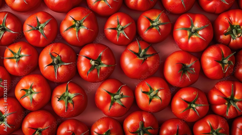 Top view of a group of ripe red tomatoes arranged in a neat pattern, highlighting their natural freshness and vivid color Top view of a group of ripe red tomatoes arranged in a neat pattern, highlighting their natural freshness and vivid color