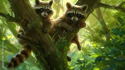 Young raccoons playfully climbing a lush green tree in a tranquil woodland.