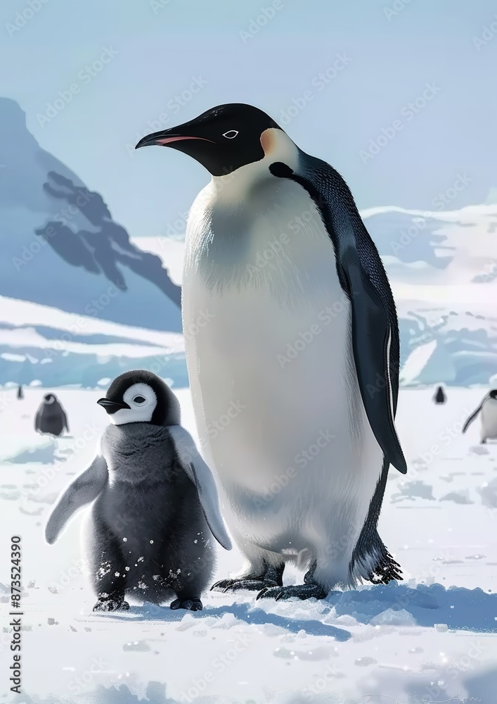 Fototapeta premium In the vast frozen landscape of Antarctica, where the relentless cold appears endless, penguins joyfully dance and flourish
