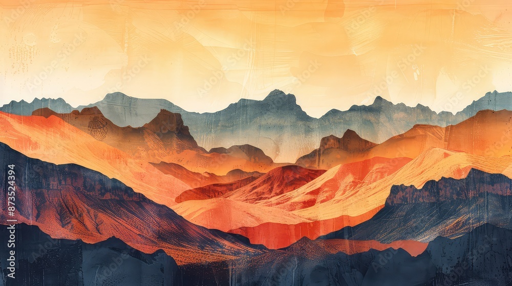 Naklejka premium Aquatint Desert Dawn: A Panoramic Landscape of Warm Hues and Layered Mountains
