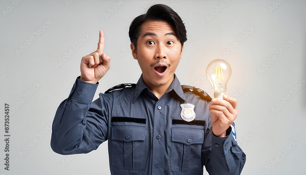 Police Officer Holding Light Bulb with an Idea Police Officer Holding Light Bulb with an Idea