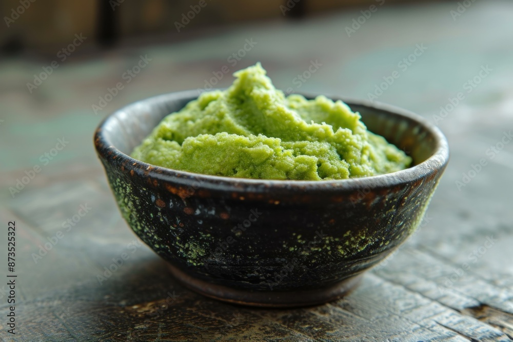 Close-up of authentic wasabi paste served in a traditional ceramic bowl on a wooden surface Close-up of authentic wasabi paste served in a traditional ceramic bowl on a wooden surface