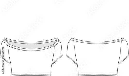 short sleeves boat neck crop cropped raglan blouse top t-shirt tee template technical drawing flat sketch cad mockup fashion woman design style model
