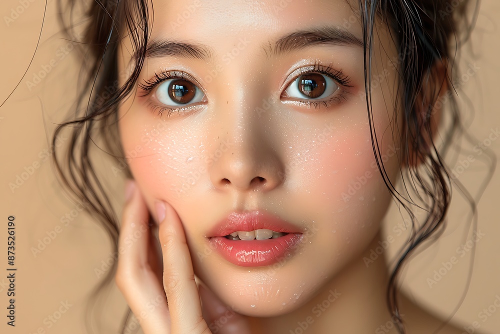 Close-up portrait of young Asian beautiful woman with K-beauty make up style and healthy and perfect skin isolated on beige background for skincare commercial product advertising. Close-up portrait of young Asian beautiful woman with K-beauty make up style and healthy and perfect skin isolated on beige background for skincare commercial product advertising.