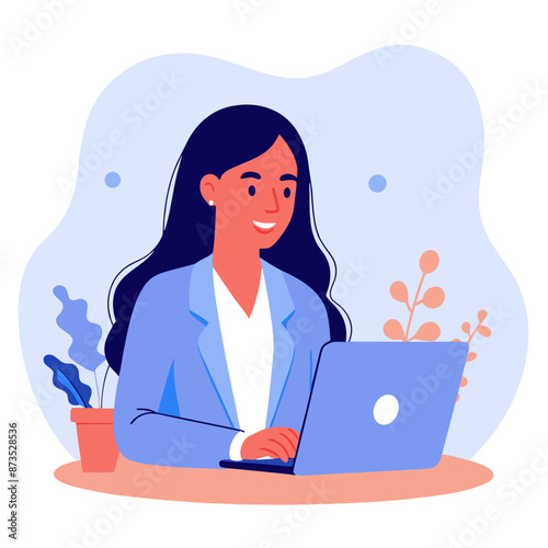 Smiling Businesswoman Working on Laptop at Desk