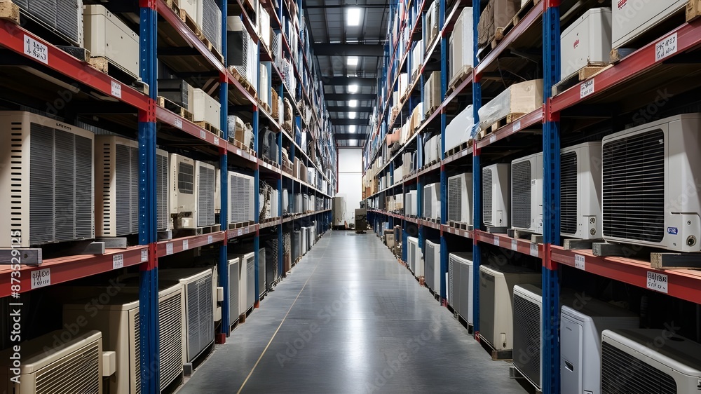 A huge warehouse contains air conditioner units, home and office cooling needs, customer needs. A huge warehouse contains air conditioner units, home and office cooling needs, customer needs.