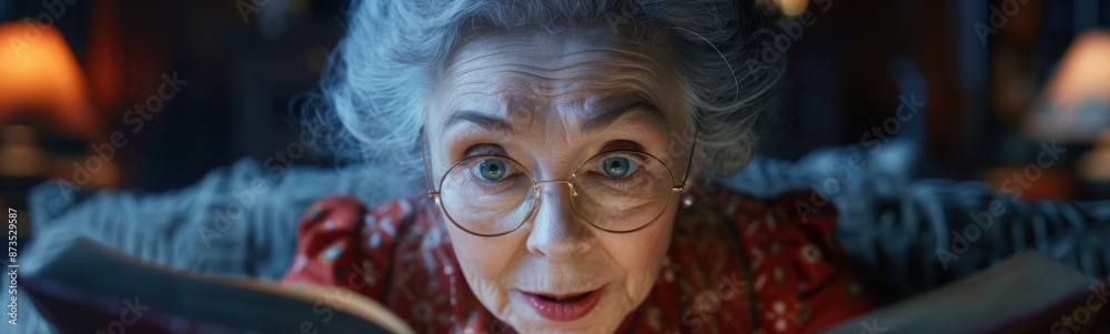 Elderly woman reading a book while wearing glasses, Portrait