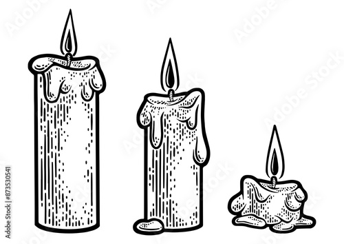 Three burning melted candles sketch engraving PNG illustration. T-shirt apparel print design. Scratch board imitation. Black and white hand drawn image. photo