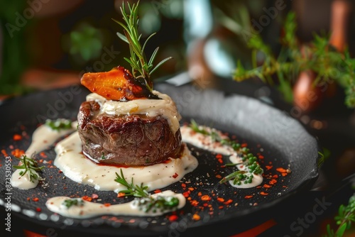 Fototapeta Naklejka Na Ścianę i Meble -  Exquisite Italian Gourmet: Filet Mignon Topped with Rich White Cream Bechamel Sauce - A Culinary Masterpiece of Flavor and Elegance.