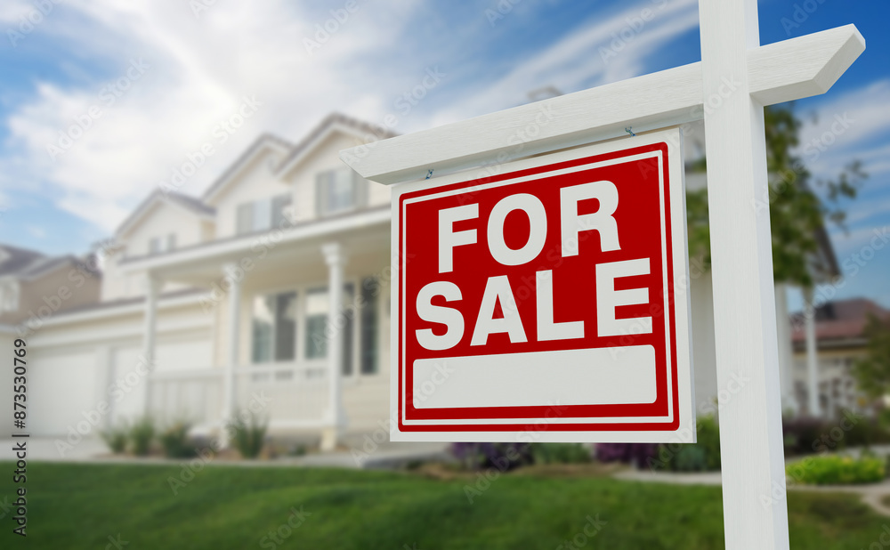 For Sale Real Estate Sign in Front of Beautiful House. For Sale Real Estate Sign in Front of Beautiful House.