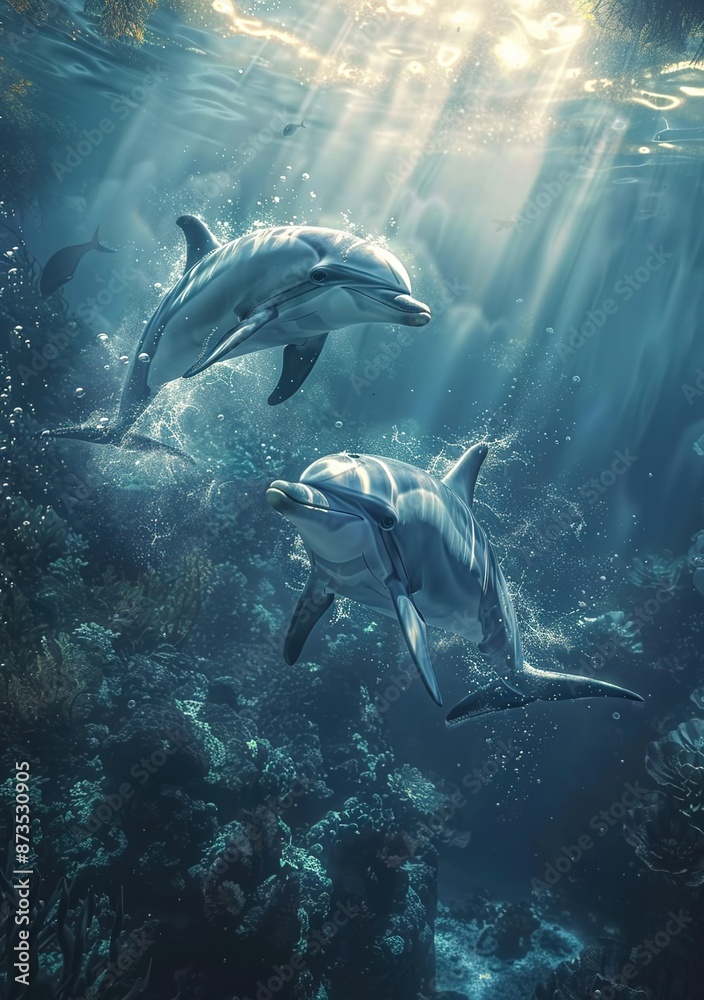 Naklejka premium Below the ocean's surface exists a realm of awe and intrigue, where a diverse array of creatures, ranging from stunning to powerful, navigate the profound depths.