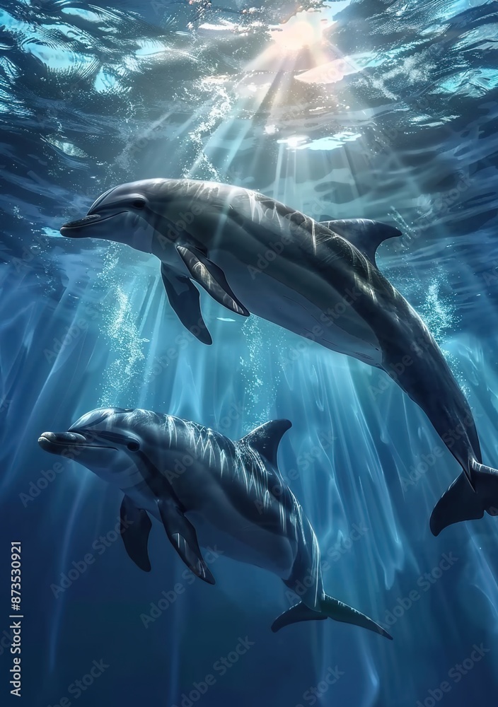 Fototapeta premium Below the ocean's surface exists a realm of awe and intrigue, where a diverse array of creatures, ranging from stunning to powerful, navigate the profound depths.