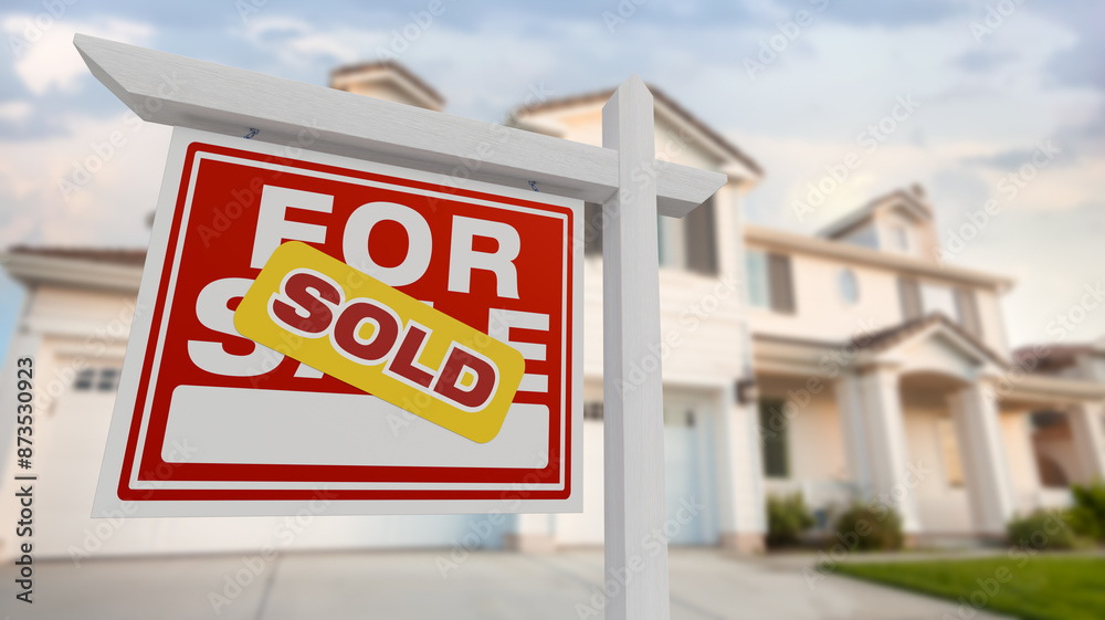 Sold For Sale Real Estate Sign in Front of Beautiful House. Sold For Sale Real Estate Sign in Front of Beautiful House.