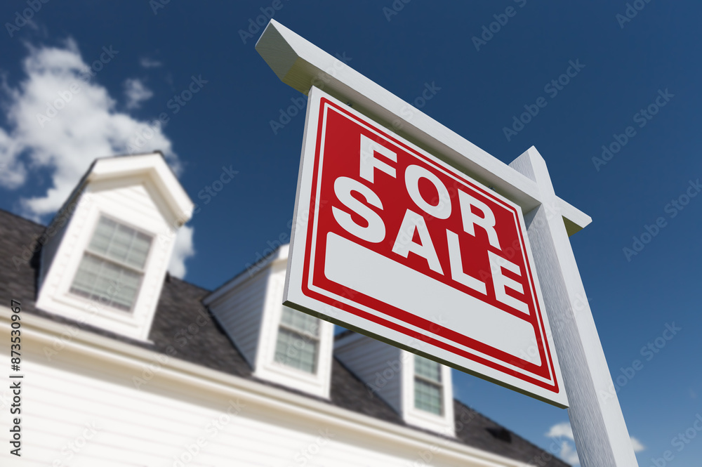 For Sale Real Estate Sign in Front of Beautiful House. For Sale Real Estate Sign in Front of Beautiful House.
