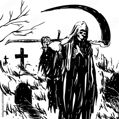 Grim Reaper Silhouette Walking in Cemetery Vector
