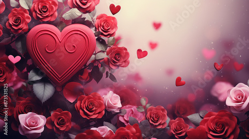 Roses bouquet and hearts with bokeh background