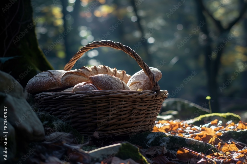 Wicker basket full of artisanal bread among fall leaves with sunbeams in woods Wicker basket full of artisanal bread among fall leaves with sunbeams in woods