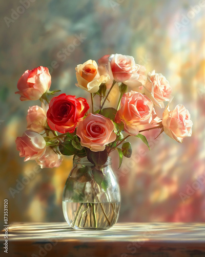 Pink and Red Roses in Glass Vase with Warm Sunlit Background © Neyro