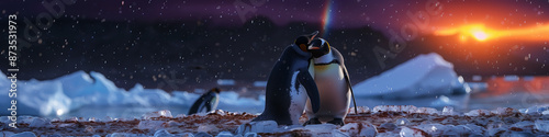 king penguins under sunset or sunrise, beautiful Antarctic landscape at dawn or dusk
