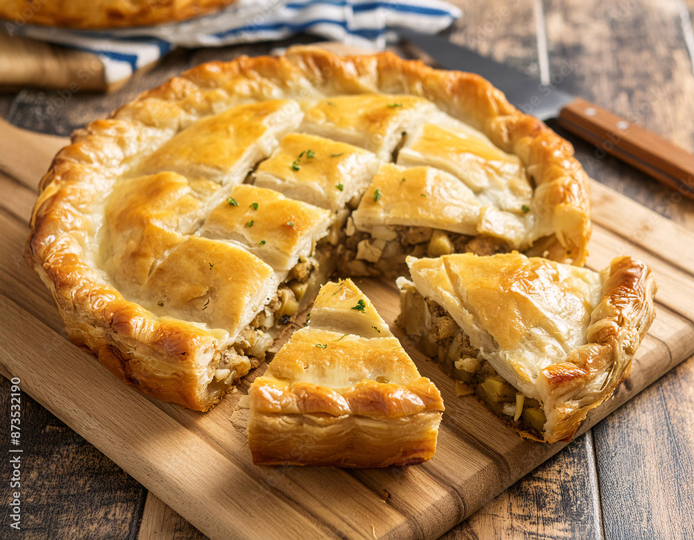 A savory pie with a golden crust sits on a wooden board A savory pie with a golden crust sits on a wooden board