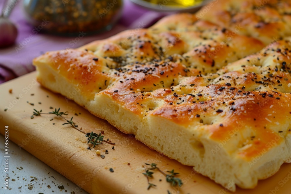 Close-up of homemade focaccia with rosemary and black sesame seeds, ready to serve