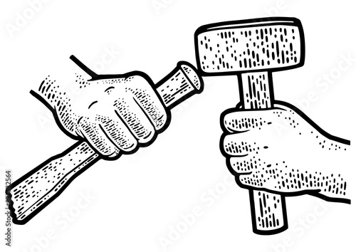 Obraz na plátně sculptor hands with hammer and chisel doing stone work sketch engraving PNG illustration