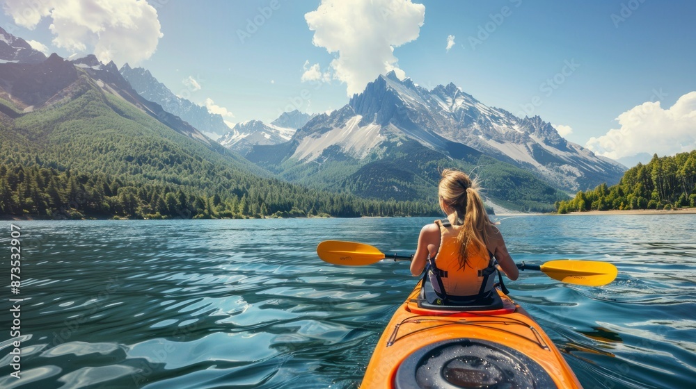 woman on her back kayaking on a beautiful lake surrounded by mountains woman on her back kayaking on a beautiful lake surrounded by mountains