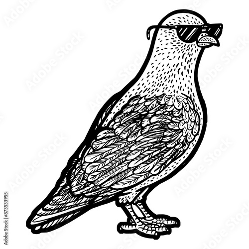 Fototapeta Naklejka Na Ścianę i Meble -  dove in sunglasses sketch engraving PNG illustration. T-shirt apparel print design. Scratch board imitation. Black and white hand drawn image.