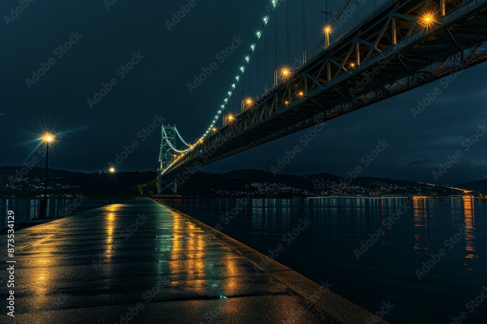 Fototapeta premium Wet promenade leading to a lit suspension bridge under a cloudy night sky, with lights reflecting on water