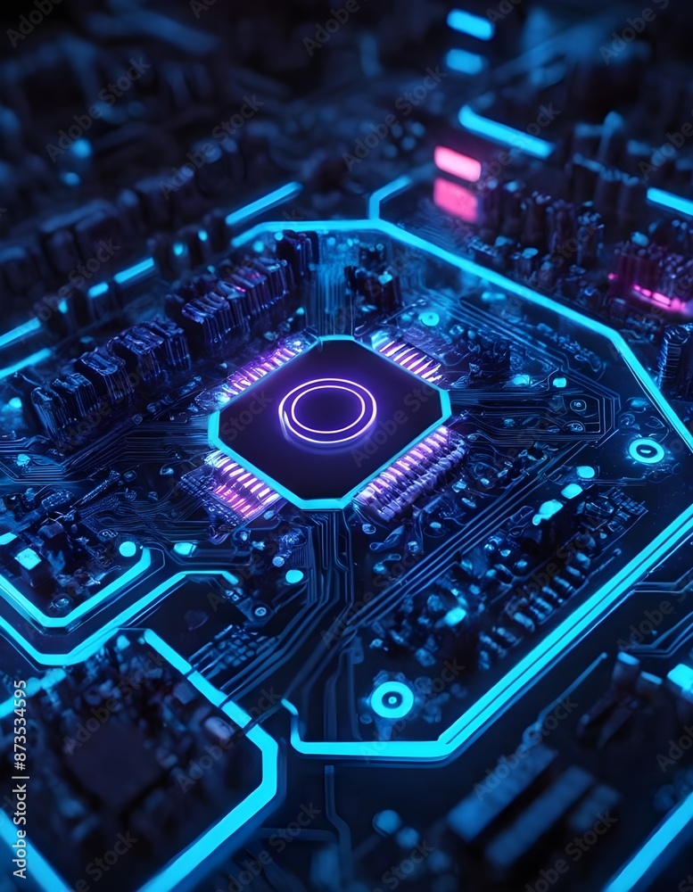 Computer Motherboard With Pink and Blue Neon Lights, electronic circuit board Computer Motherboard With Pink and Blue Neon Lights, electronic circuit board