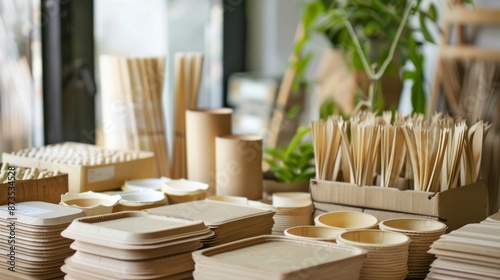 A flyer showcasing different biodegradable packaging options for businesses including paper bamboo and bioplastic materials.. photo