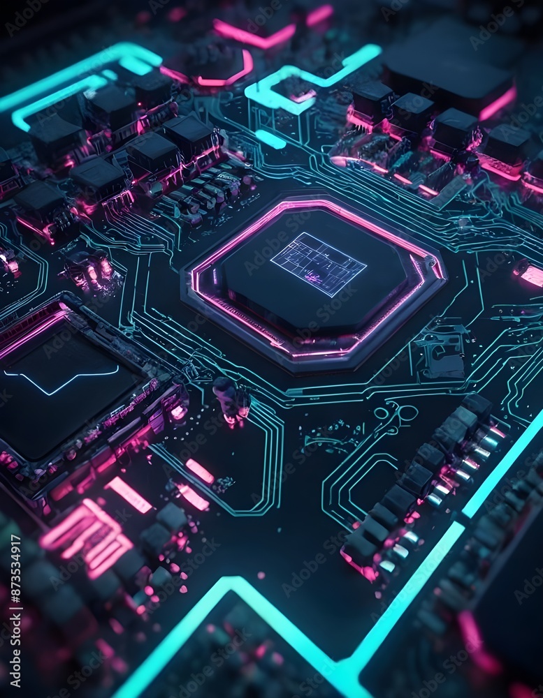 Fototapeta premium Computer Motherboard With Pink and Blue Neon Lights, electronic circuit board