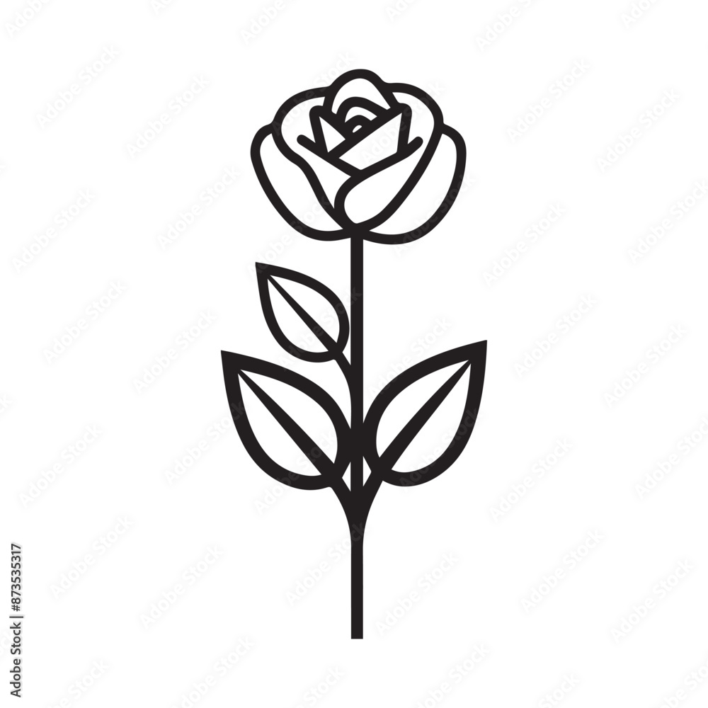 Rose flower black outline icon natural style green leaf celebration design. Rose flower black outline icon natural style green leaf celebration design.