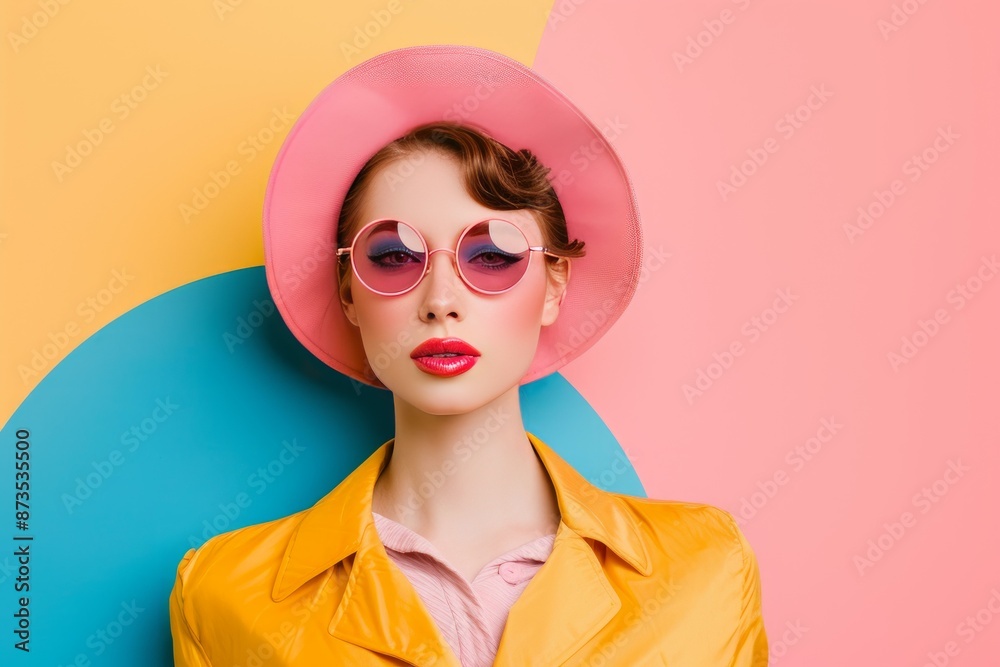 Stylish young woman in a vibrant pink hat and sunglasses isolated on a multicolored backdrop Stylish young woman in a vibrant pink hat and sunglasses isolated on a multicolored backdrop